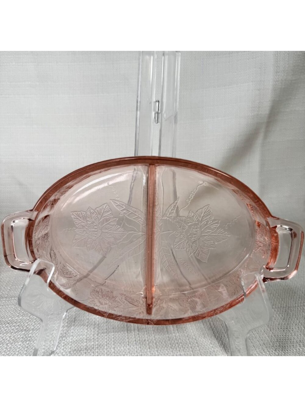 Jeannette Vintage Pink Depression Glass Divided Relish Dish Poinsettia Design 8”